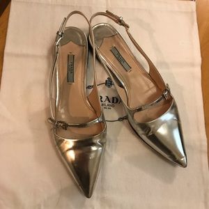Prada pointy toed slingback flats silver